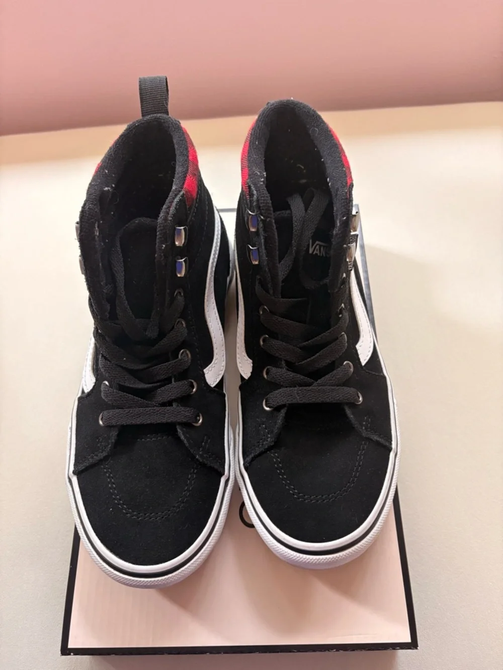 Vans Black and White High-Top Skate Sneakers with Red checker accent
